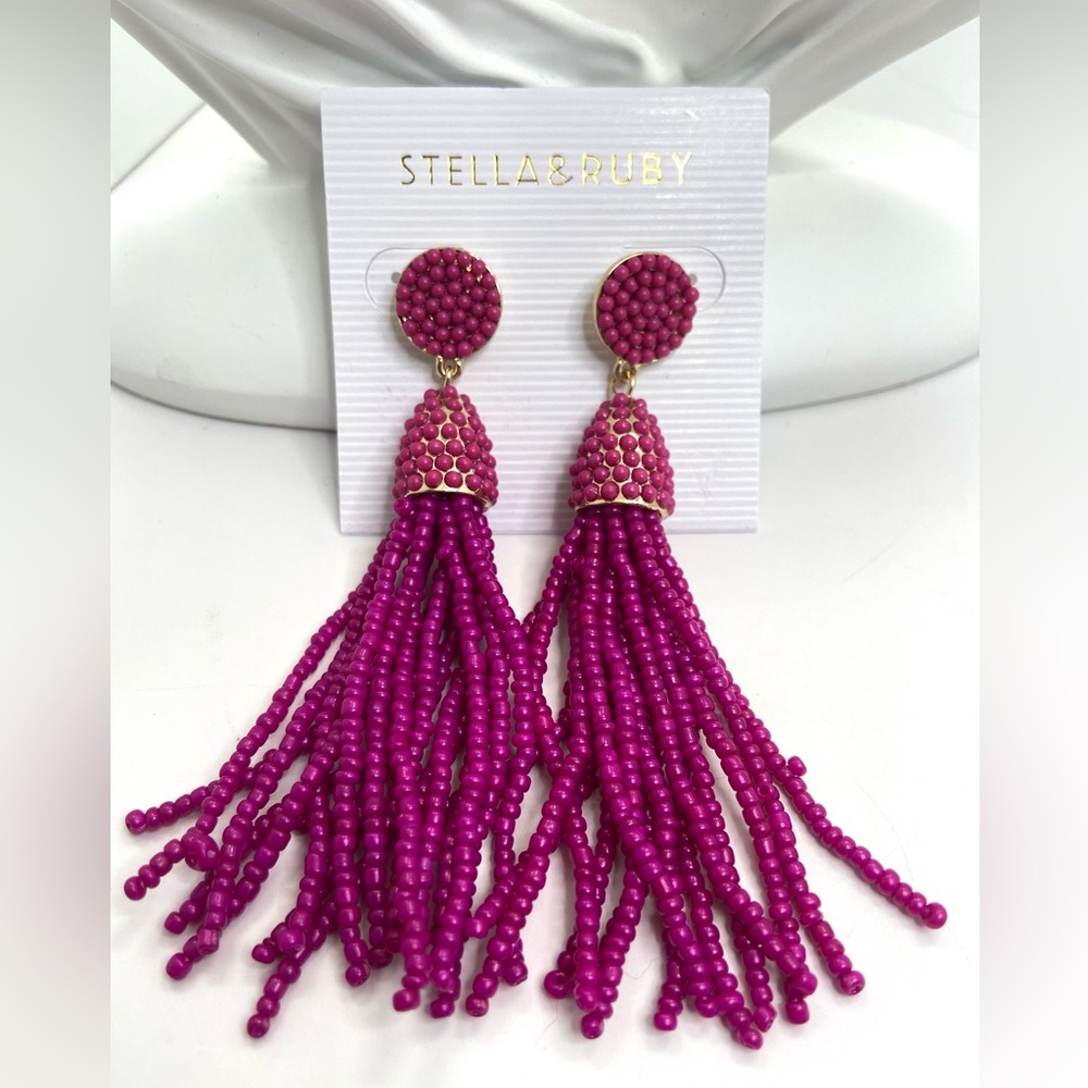 14kt Gold plated Stella And Ruby Magenta tassel Earrings w/ Ribbon Tied Gift Box